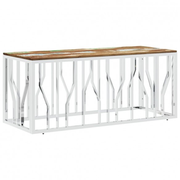 Table basse argenté acier inoxydable/bois massif récupération