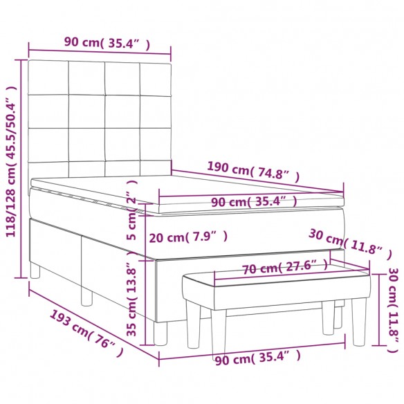 Cadre de lit et matelas Gris foncé 90x190 cm Tissu