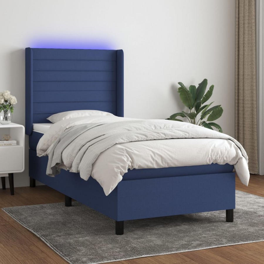 Sommier à lattes de lit matelas et LED Bleu 100x200 cm Tissu