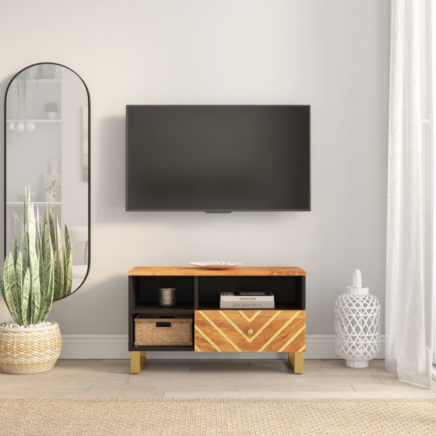 Meuble TV marron et noir 80x33,5x46 cm bois massif de manguier