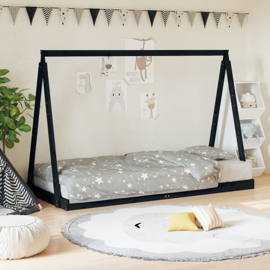 Cadre de lit pour enfants noir 90x200 cm bois de pin massif