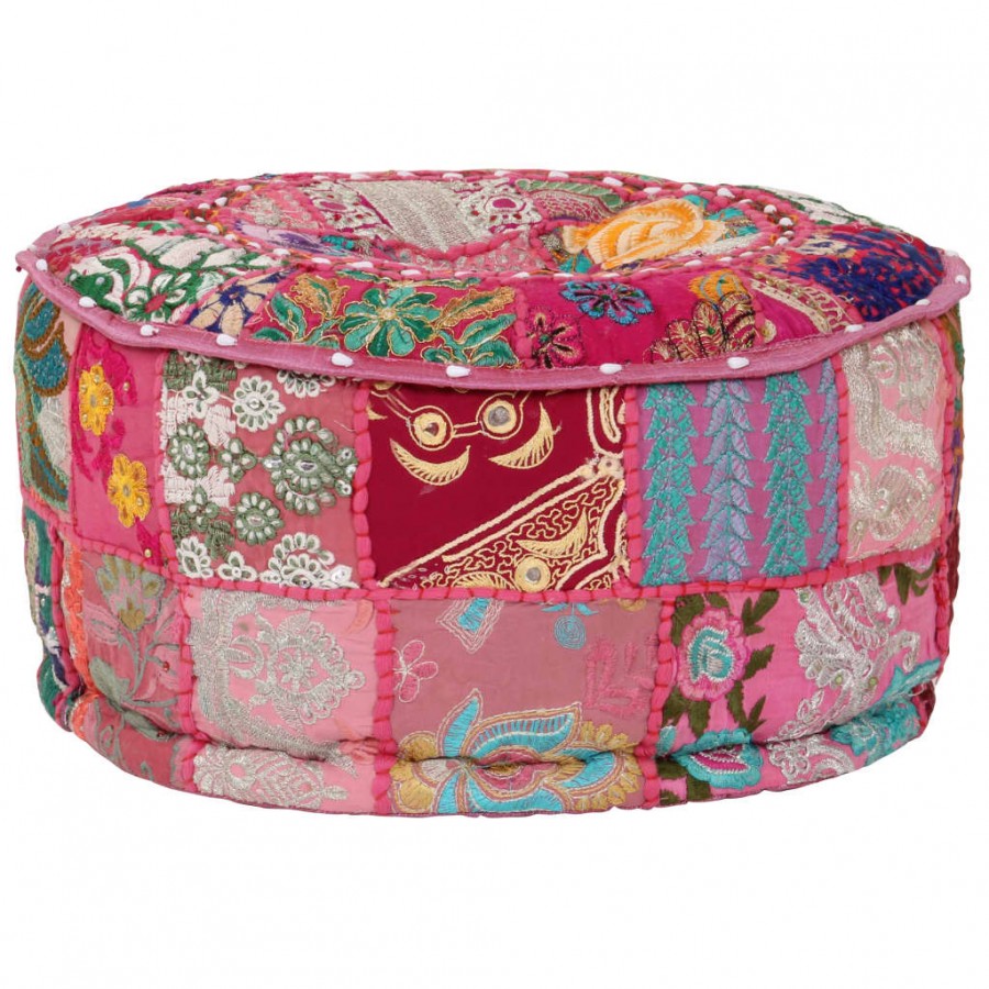 Pouf rond en coton en patchwork fait à la main 40 x 20 cm Rose