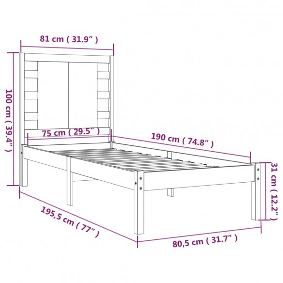 Cadre de lit bois massif 75x190 cm petit simple