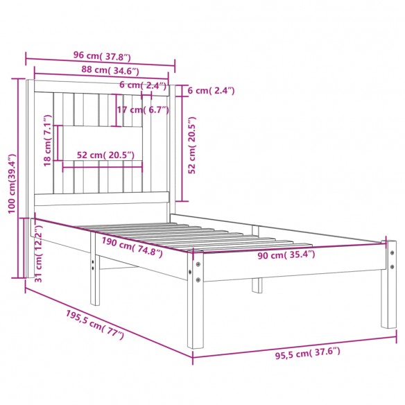 Cadre de lit Blanc Bois massif 90x190 cm Simple