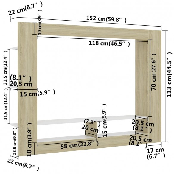 Meuble TV Blanc et chêne sonoma 152x22x113 cm Aggloméré