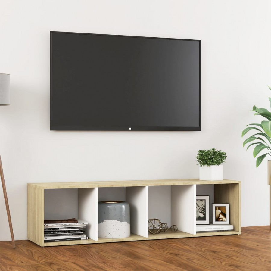 Meuble TV Blanc et chêne sonoma 142,5x35x36,5 cm Aggloméré