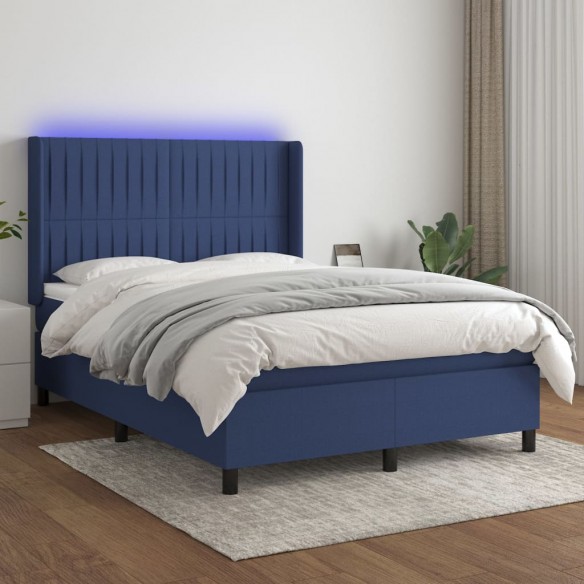 Sommier à lattes de lit matelas et LED Bleu 140x200 cm Tissu