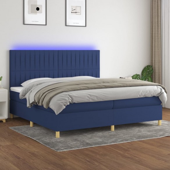 Sommier à lattes de lit et matelas et LED Bleu 200x200 cm Tissu