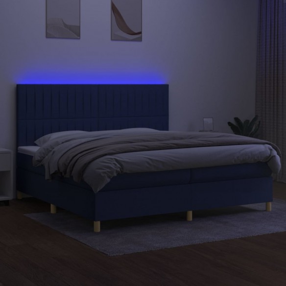 Sommier à lattes de lit et matelas et LED Bleu 200x200 cm Tissu