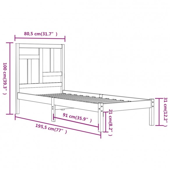 Cadre de lit Blanc Bois massif 75x190 cm Petit simple