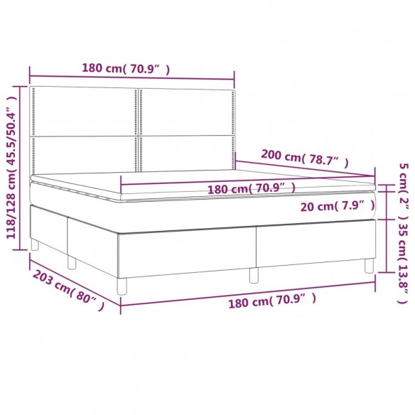 Cadre de lit matelas et LED Gris foncé 180x200 cm