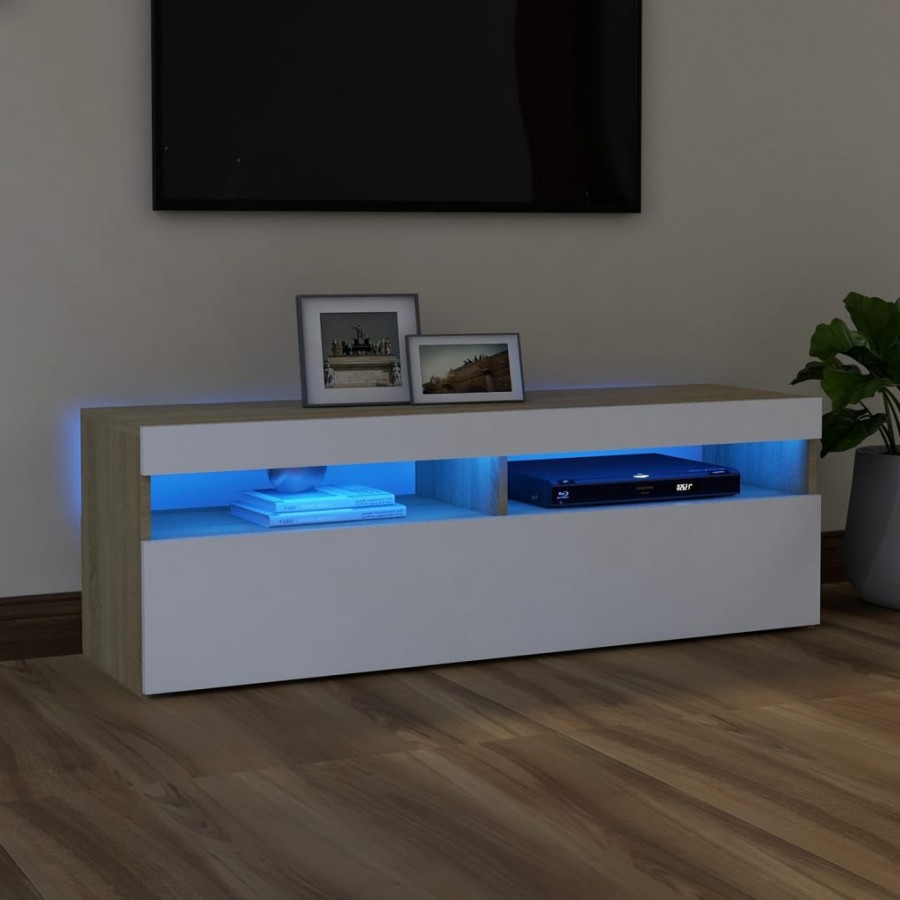 Meuble TV avec lumières LED blanc et chêne sonoma 120x35x40 cm