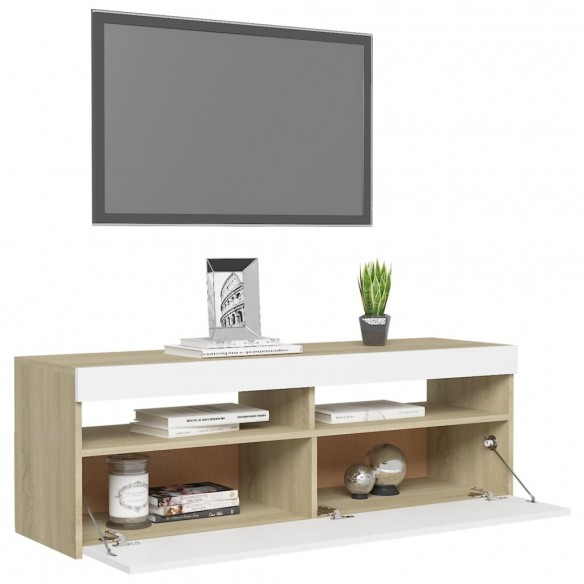 Meuble TV avec lumières LED blanc et chêne sonoma 120x35x40 cm