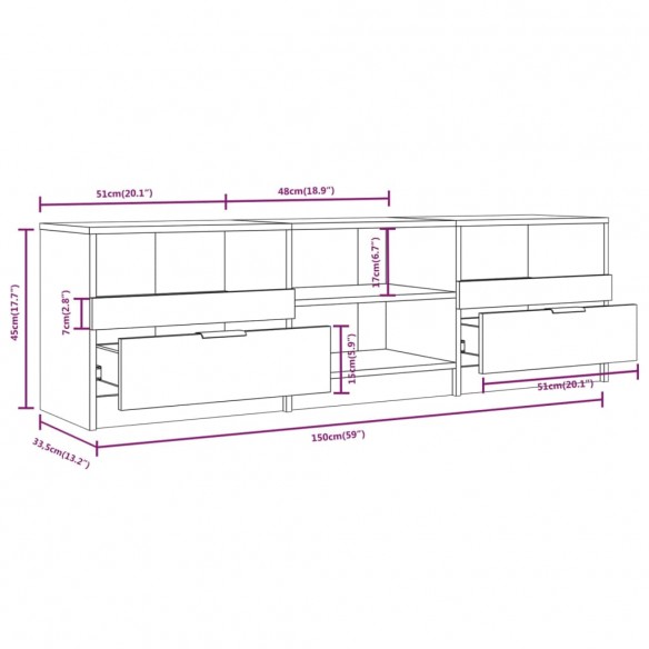 Meuble TV Blanc et chêne sonoma 150x33,5x45cm Bois d'ingénierie