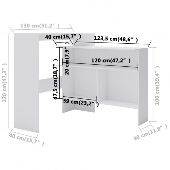 Table de bar avec 2 dessus de table Blanc 130 x 40 x 120 cm