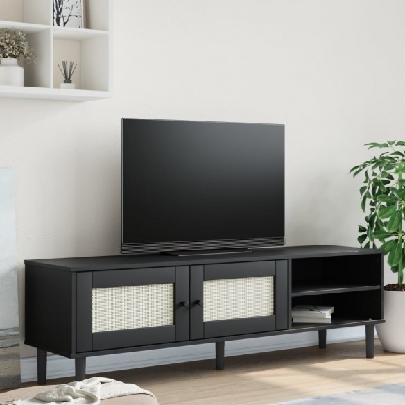 Meuble TV SENJA aspect rotin noir 158x40x49cm bois massif pin