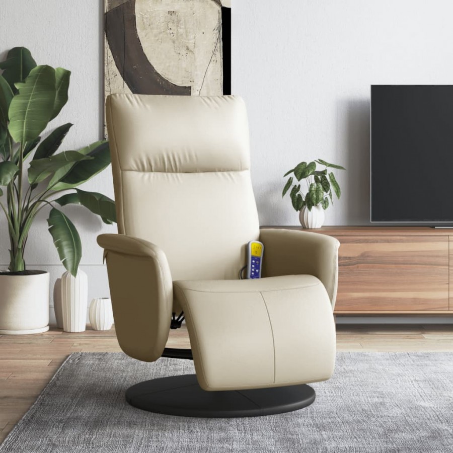 Fauteuil inclinable de massage et repose-pieds crème similicuir