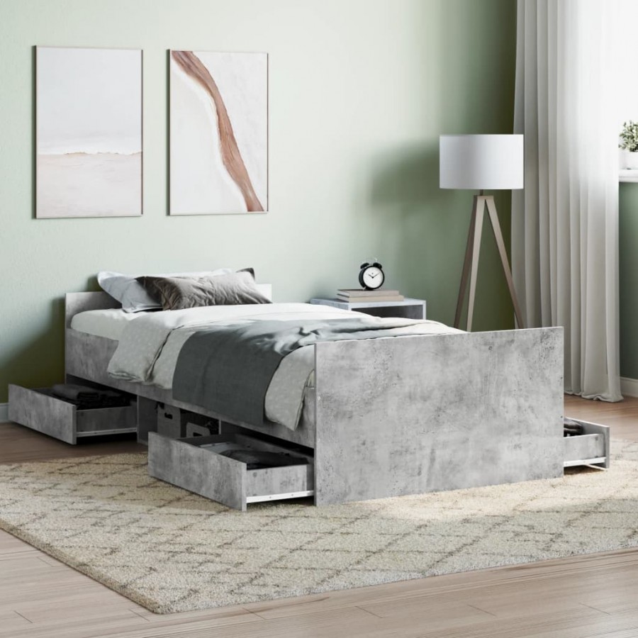Cadre de lit tête de lit et pied de lit gris béton 90x200 cm