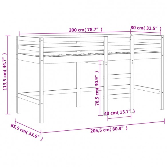 Lit mezzanine enfants échelle 80x200 cm bois pin massif