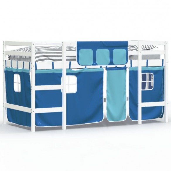 Lit mezzanine enfants et rideaux bleu 90x190cm bois pin massif