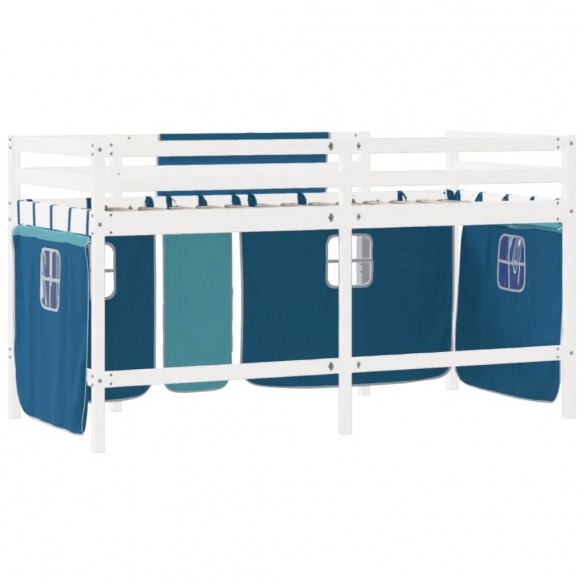 Lit mezzanine enfants et rideaux bleu 90x190cm bois pin massif