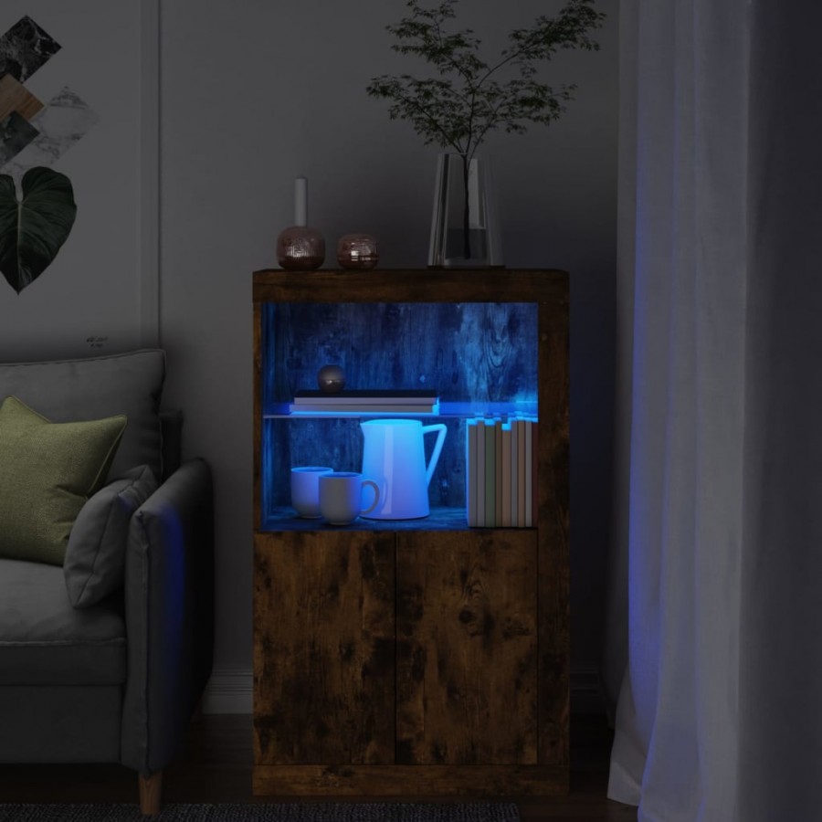 Armoire latérale avec lumières LED chêne fumé bois d'ingénierie