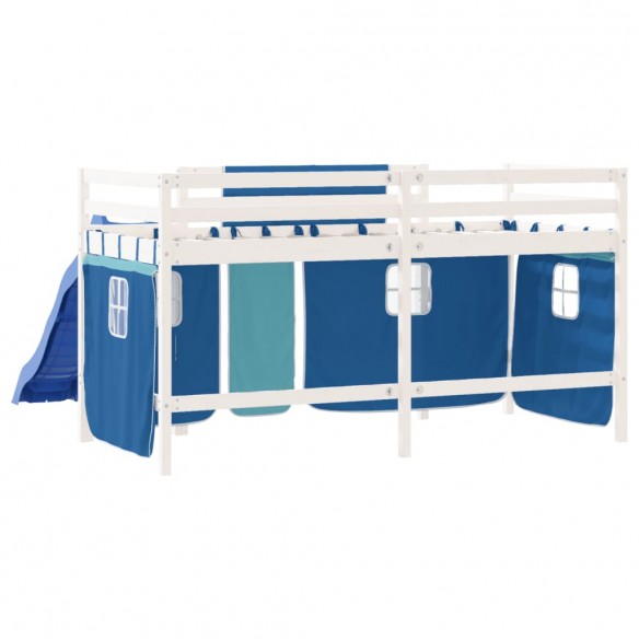 Lit mezzanine enfants et rideaux bleu 90x200cm bois pin massif