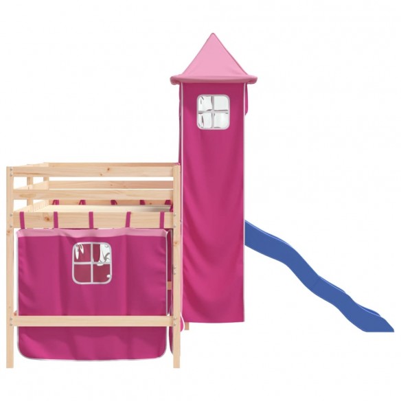 Lit mezzanine enfants avec tour rose 90x190 cm bois pin massif