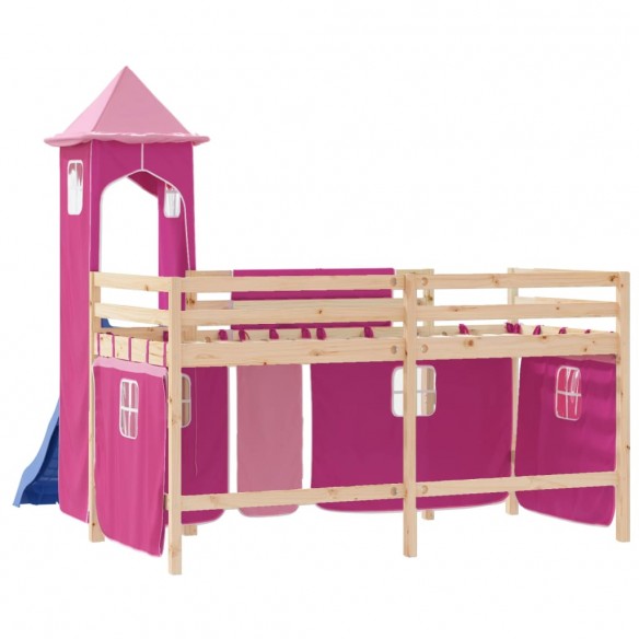 Lit mezzanine enfants avec tour rose 90x190 cm bois pin massif