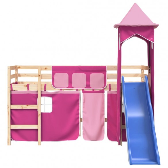 Lit mezzanine enfants avec tour rose 90x200 cm bois pin massif