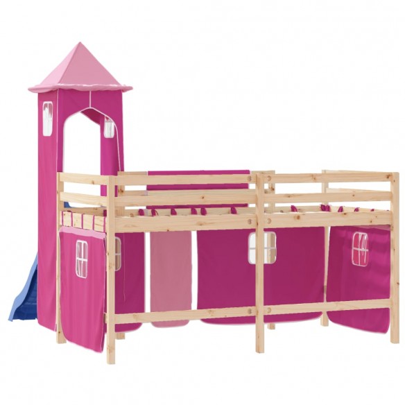 Lit mezzanine enfants avec tour rose 90x200 cm bois pin massif