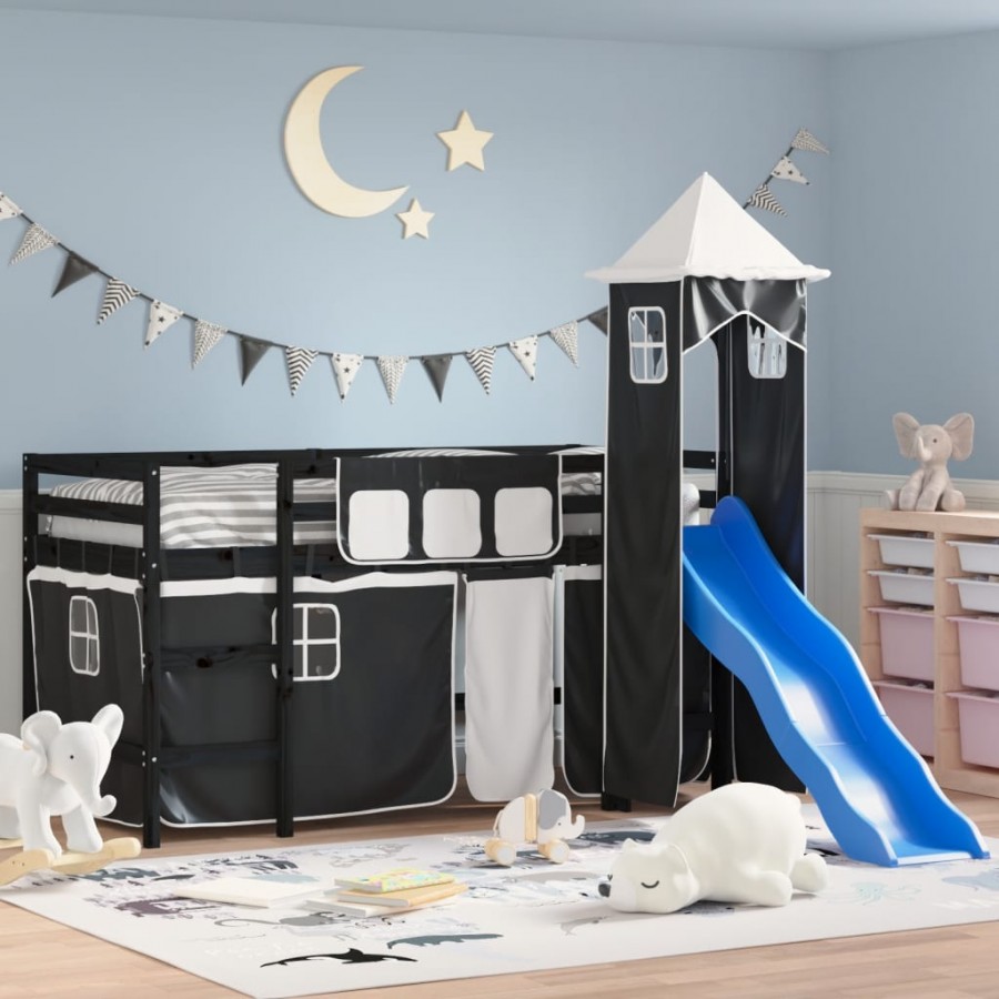 Lit mezzanine enfants avec tour blanc/noir 80x200cm pin massif