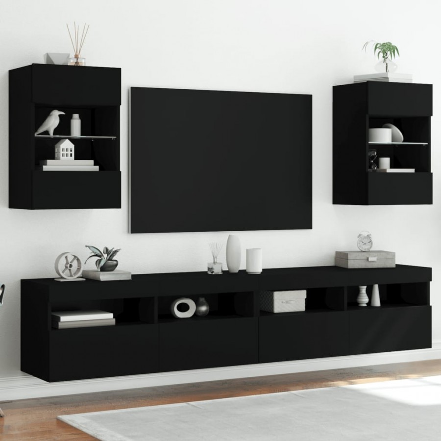 Meubles TV muraux avec lumières LED 2 pcs noir 40x30x60,5 cm