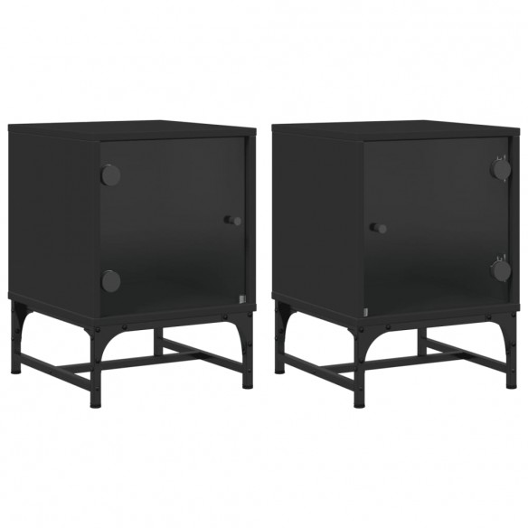 Tables de chevet avec portes en verre 2 pcs noir 35x37x50 cm