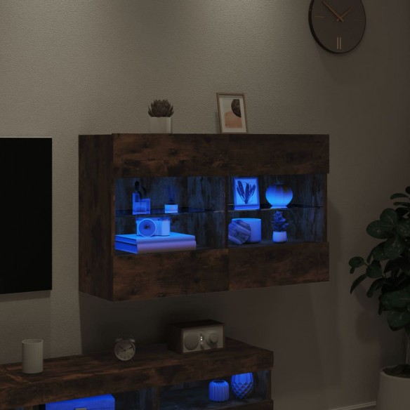 Meuble TV mural avec lumières LED chêne fumé 98,5x30x60,5 cm