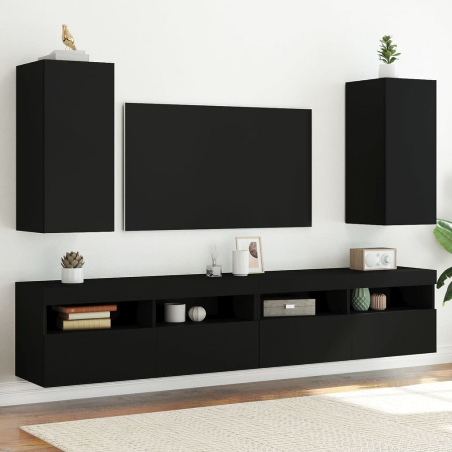 Meubles TV muraux avec lumières LED 2 pcs noir 30,5x35x70 cm