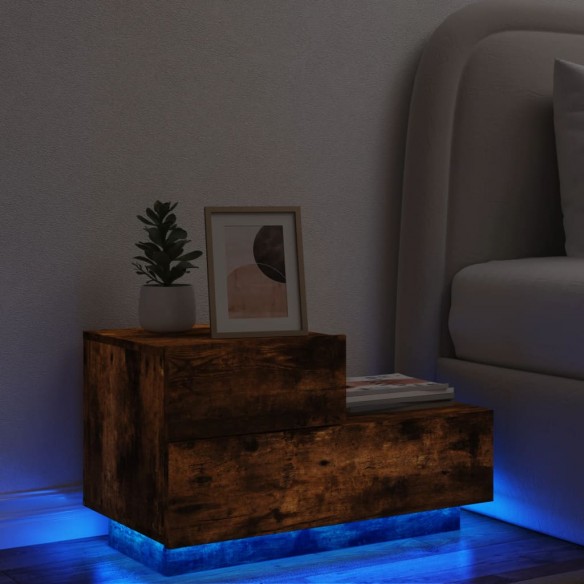 Table de chevet avec lumières LED chêne fumé 70x36x40,5 cm