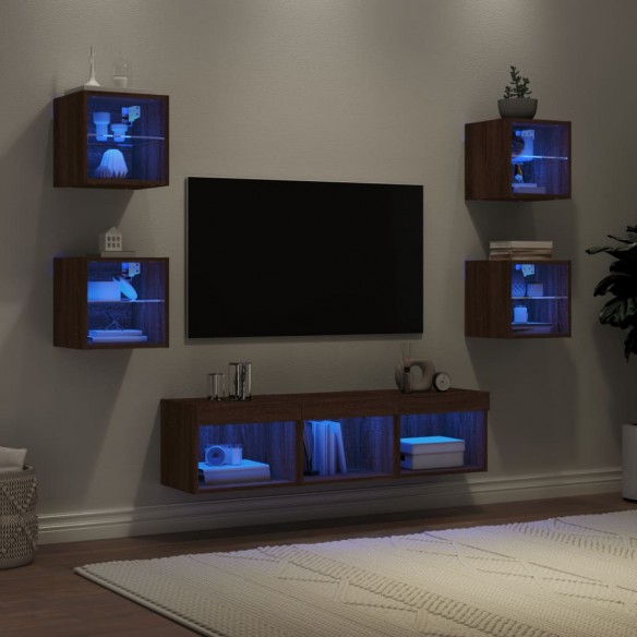 Unités murales TV avec LED 7 pcs chêne marron bois d'ingénierie