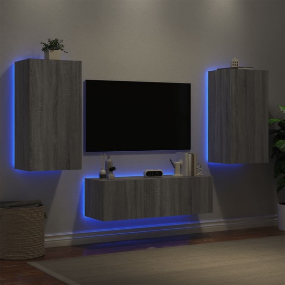 Meuble TV muraux 3 pcs avec lumières LED sonoma gris
