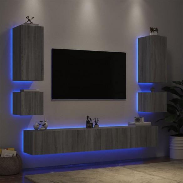 Meuble TV muraux 6 pcs avec lumières LED sonoma gris