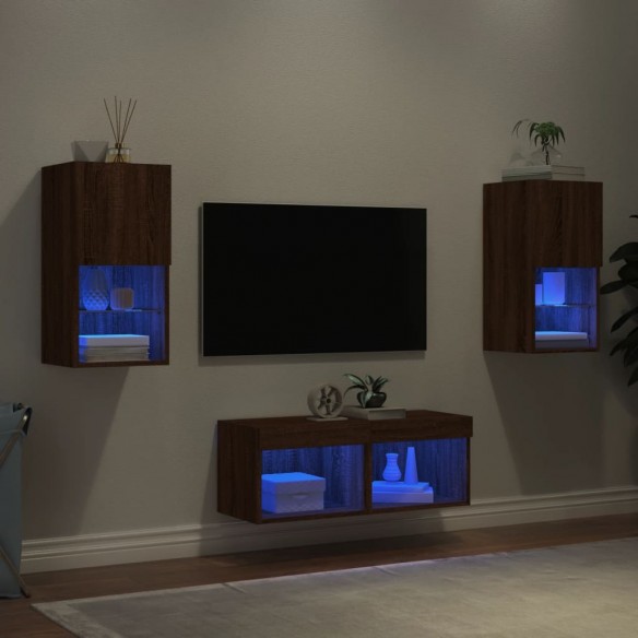 Meuble TV muraux 4 pcs avec lumières LED chêne marron