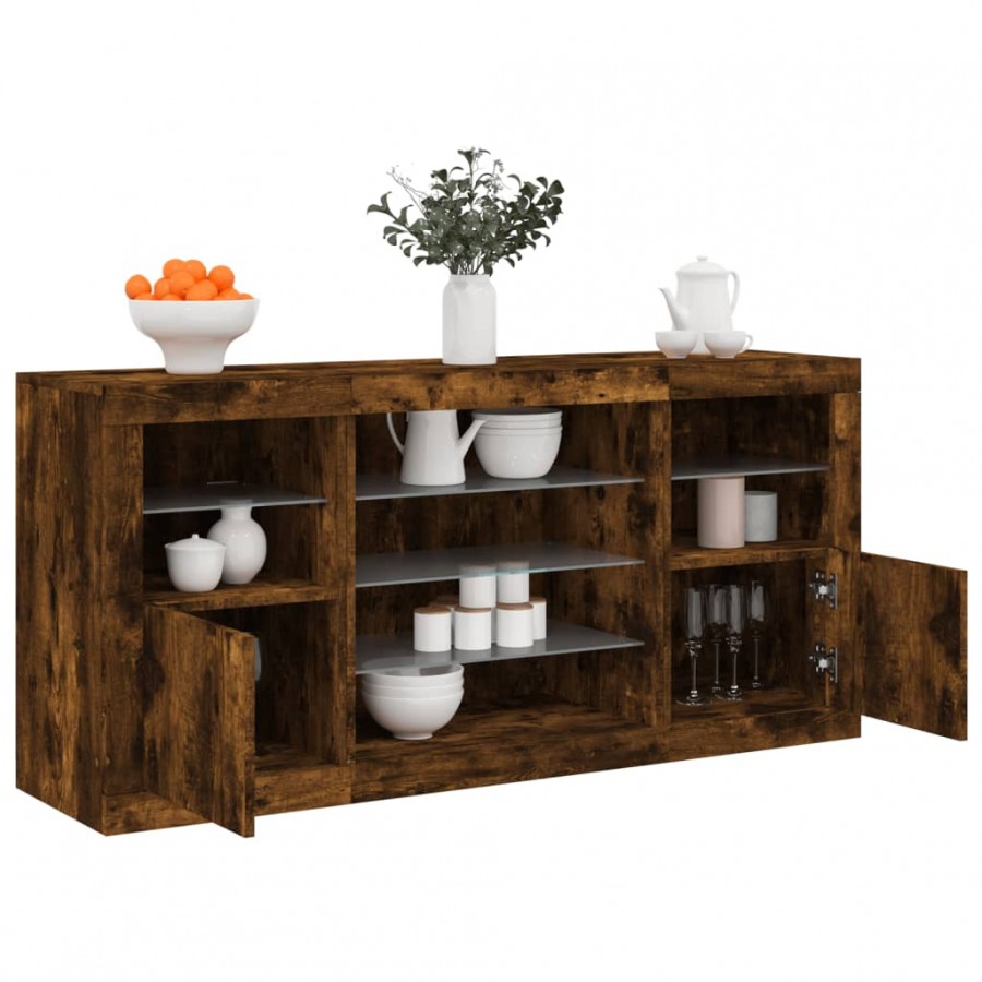 Buffet avec lumières LED chêne fumé 142,5x37x67 cm