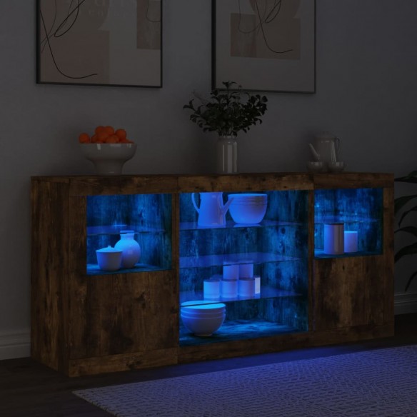 Buffet avec lumières LED chêne fumé 142,5x37x67 cm