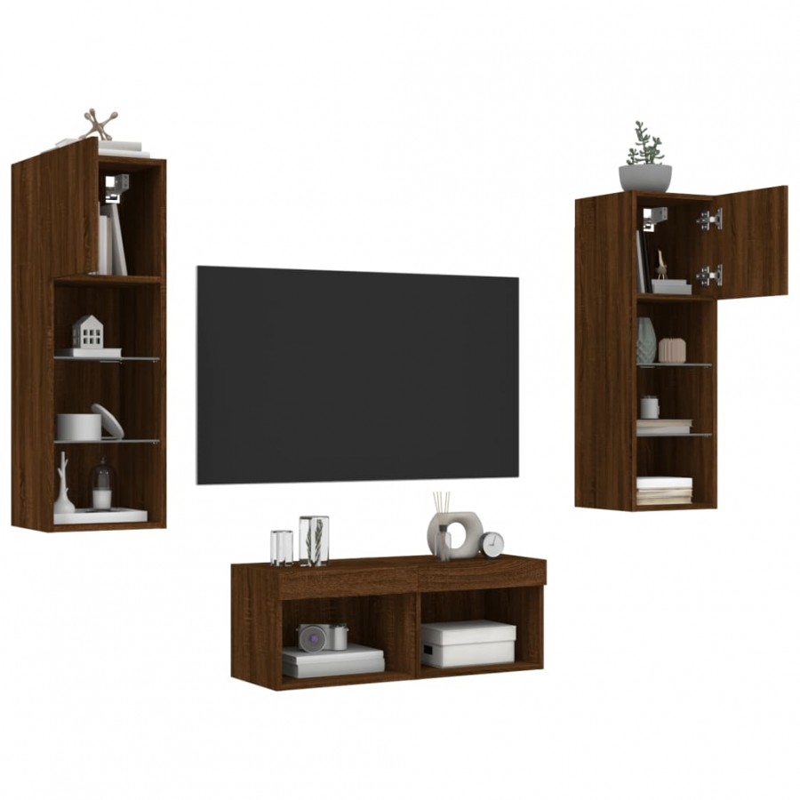 Meuble TV muraux 4 pcs avec lumières LED chêne marron