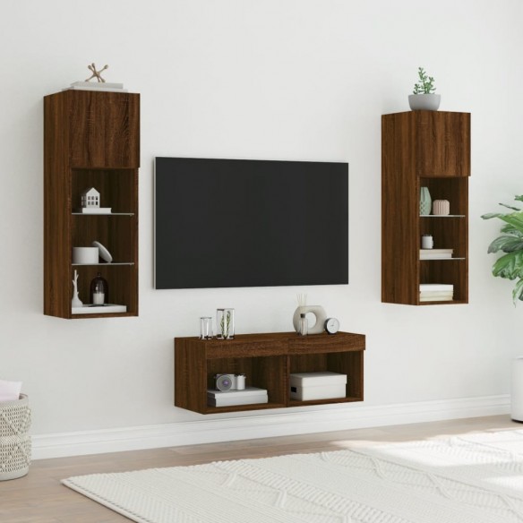 Meuble TV muraux 4 pcs avec lumières LED chêne marron