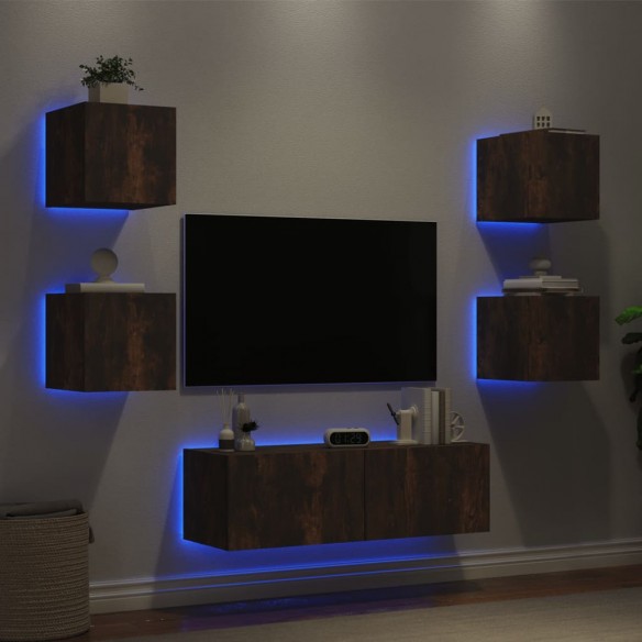 Meuble TV muraux 5 pcs avec lumières LED chêne fumé