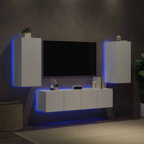 Unités murales TV avec LED 4 pcs blanc bois d'ingénierie
