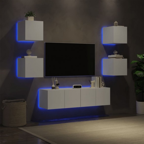 Unités murales TV avec LED 6 pcs blanc bois d'ingénierie