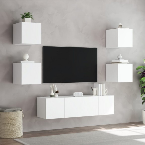 Unités murales TV avec LED 6 pcs blanc bois d'ingénierie