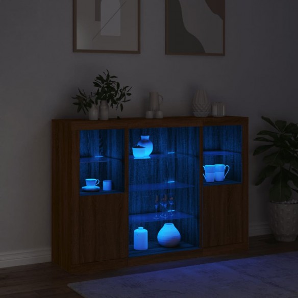 Buffets avec lumières LED 3 pcs chêne brun bois d'ingénierie